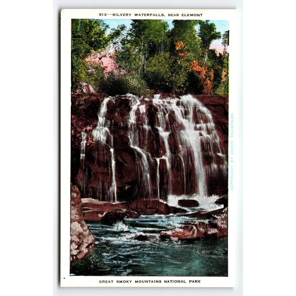 Vintage Linen Postcard Silvery Waterfalls Great Smoky Mountains NC